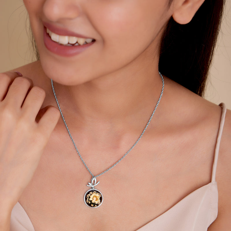 Silver Black & White Dry Flower Butterfly Necklace
