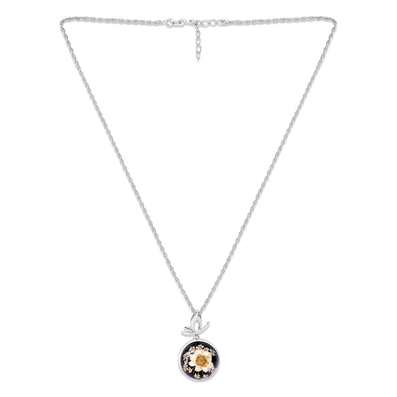 Silver Black & White Dry Flower Butterfly Necklace