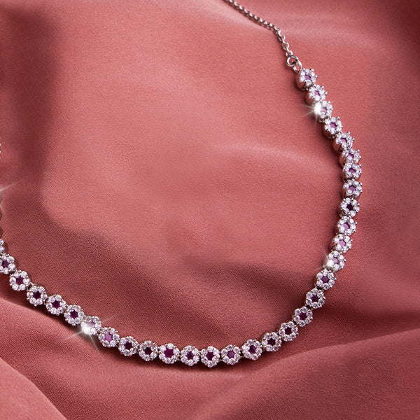 Statement Floral Pink & White Zircon Silver Necklace