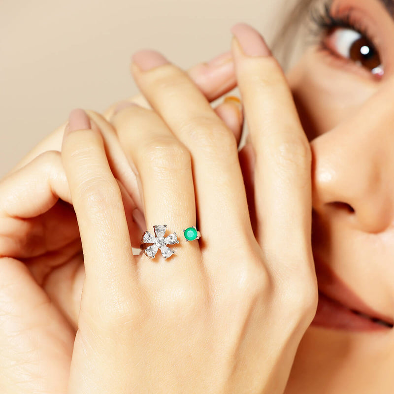Silver Floral Green Zircon Bypass Ring