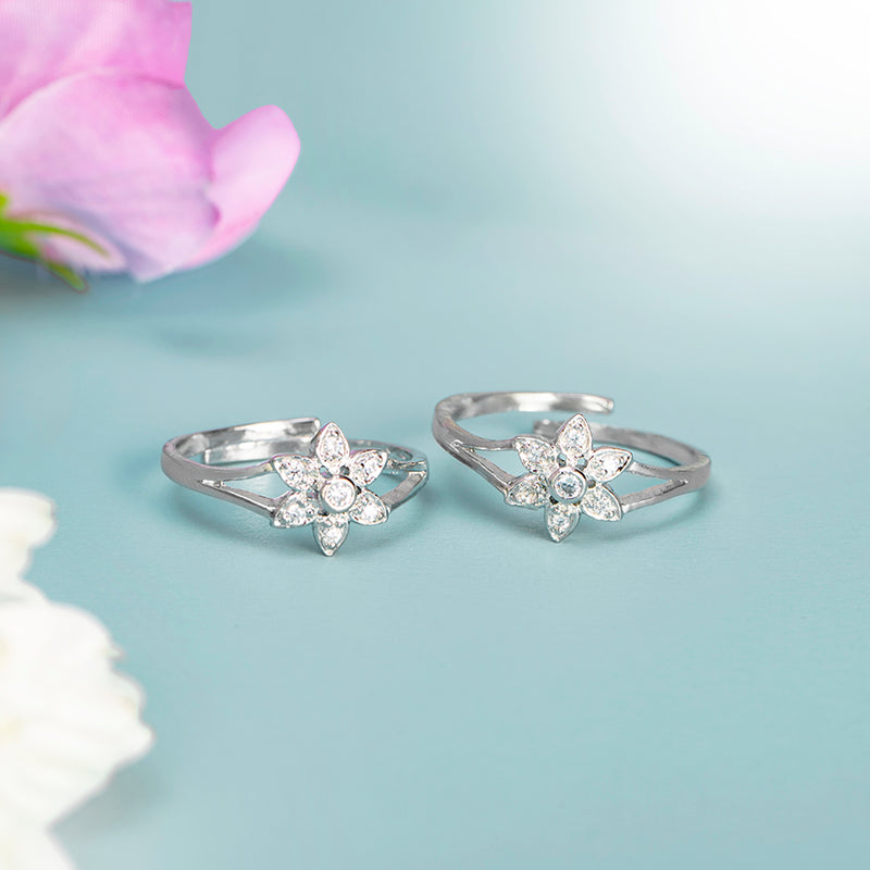 Silver Minimal Floral Zircon Toe Rings