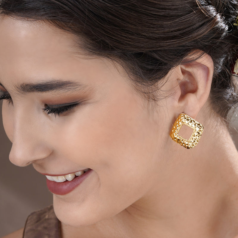Rhomboid Textured Earrings- Gold Colour