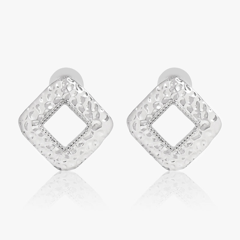 Rhomboid Textured Earrings- Silver Colour