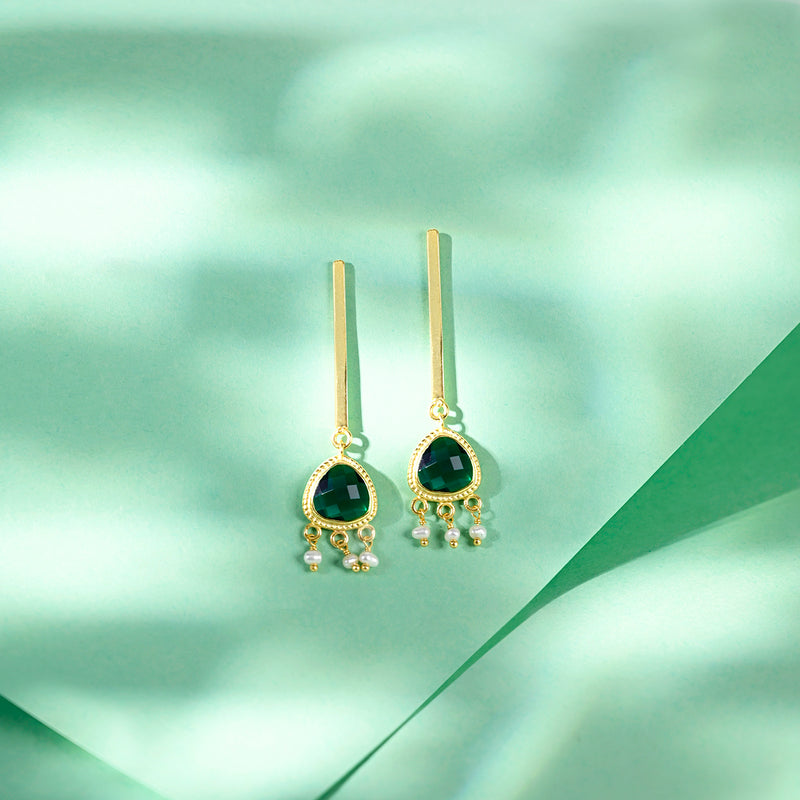 Green Quartz & Pearl Long Danglers
