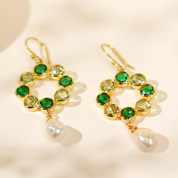 Dual-Tone Green Quartz & Pearl Earrings