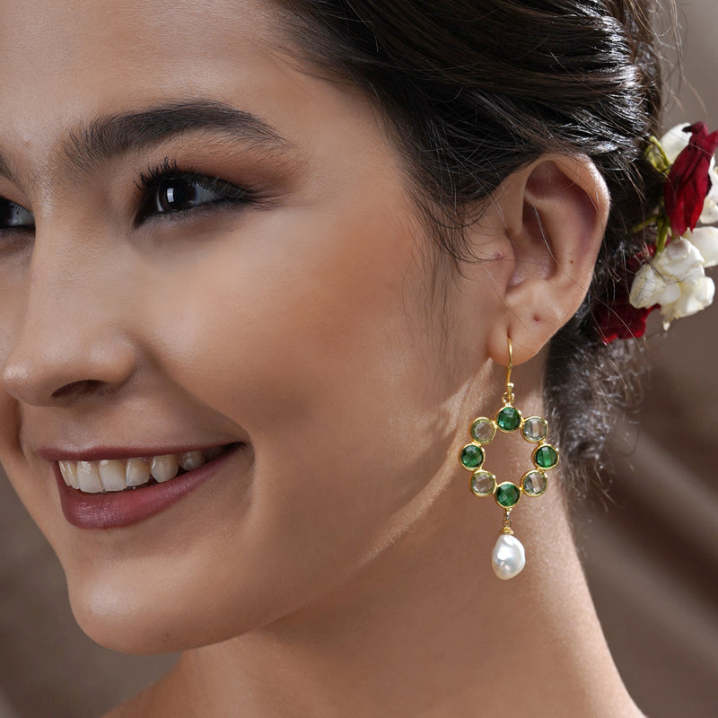 Dual-Tone Green Quartz & Pearl Earrings