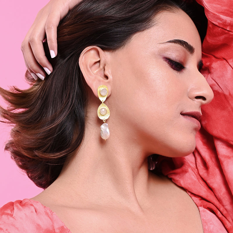 Moon Stone & Baroque Pearl Textured Earrings