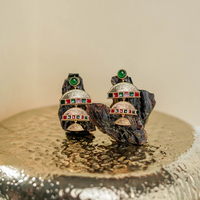 Green And Red Enamel Textured Danglers