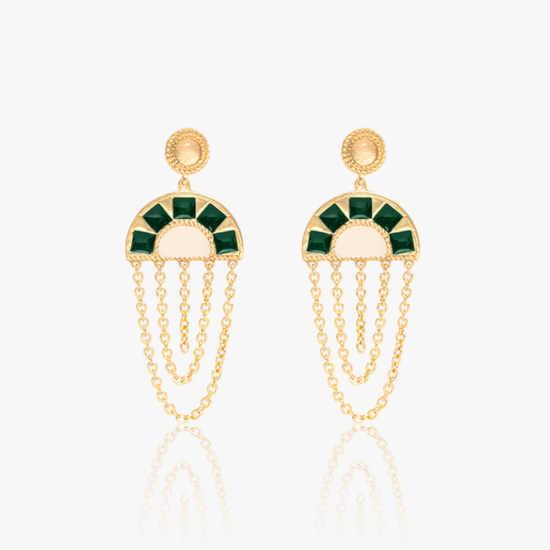 Green And Ivory Enamel Glossy Chain Earrings