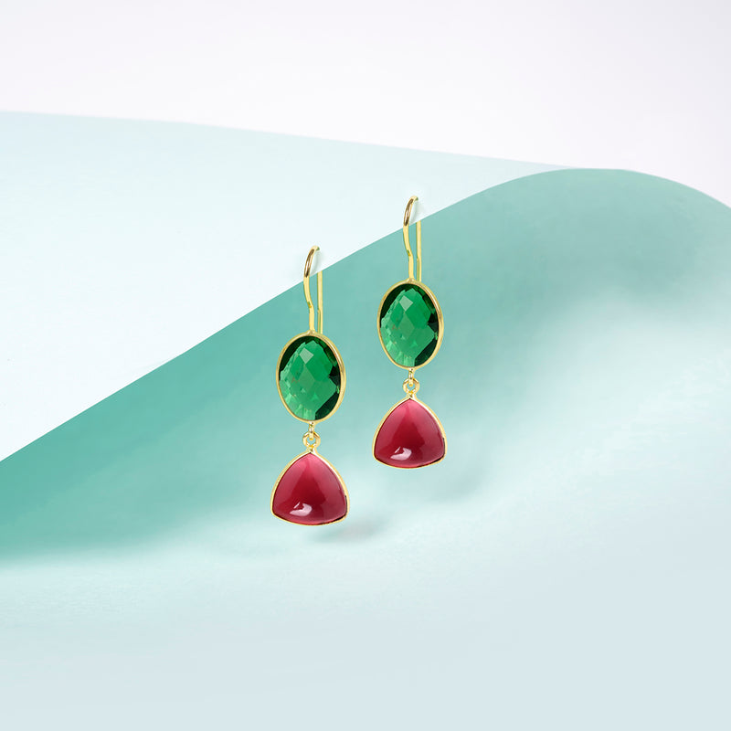 Red Tourmaline And Emerald Quartz Earrings