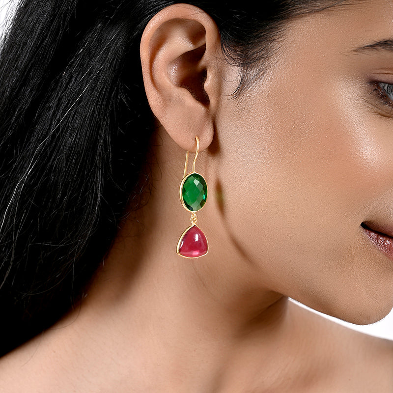 Red Tourmaline And Emerald Quartz Earrings