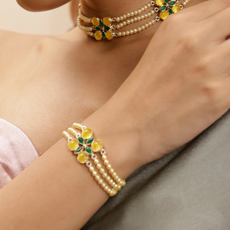 Green And Yellow Floral Pearl Bracelet