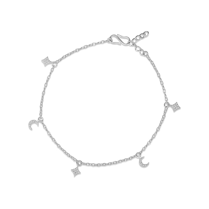 Dangling Star And Moon Silver Anklet