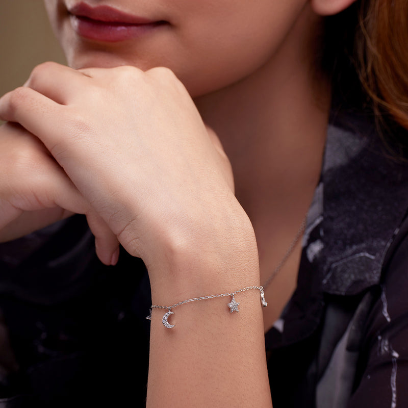 Moon and Star Silver Chain Bracelet