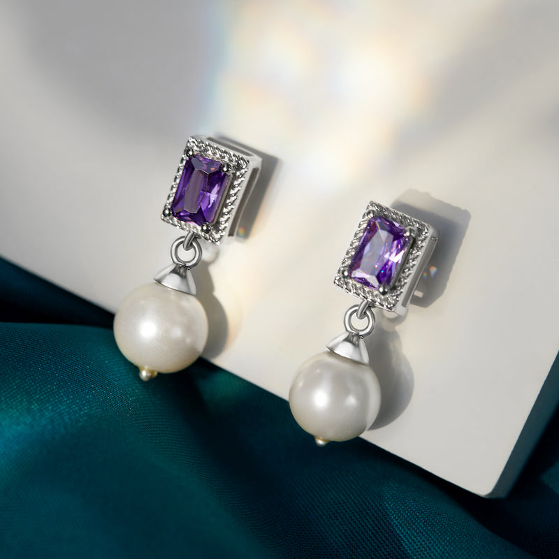 Silver Amethyst Zircon And Natural Pearl Earrings