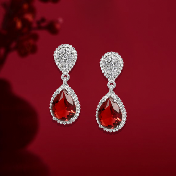 Elegant Red Zircon Studded Silver Drop Earrings