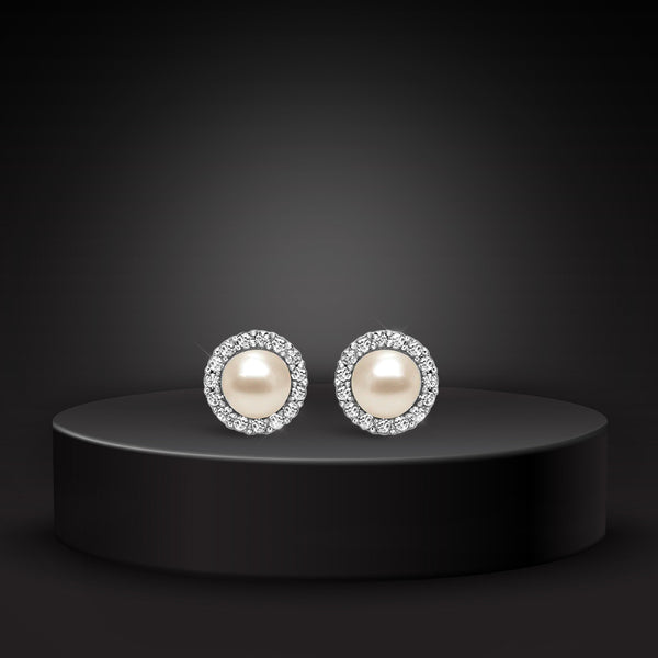 Pearl And Zircon Silver Round Studs
