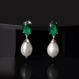 Silver Green Zircon And Natural Pearl Drop Earrings