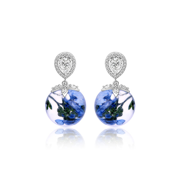 Blue Dry Flower Silver Dangling Zircon Earrings