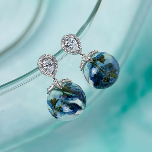 Blue Dry Flower Silver Dangling Zircon Earrings
