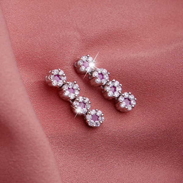 Statement Floral Pink & White Zircon Silver Earrings