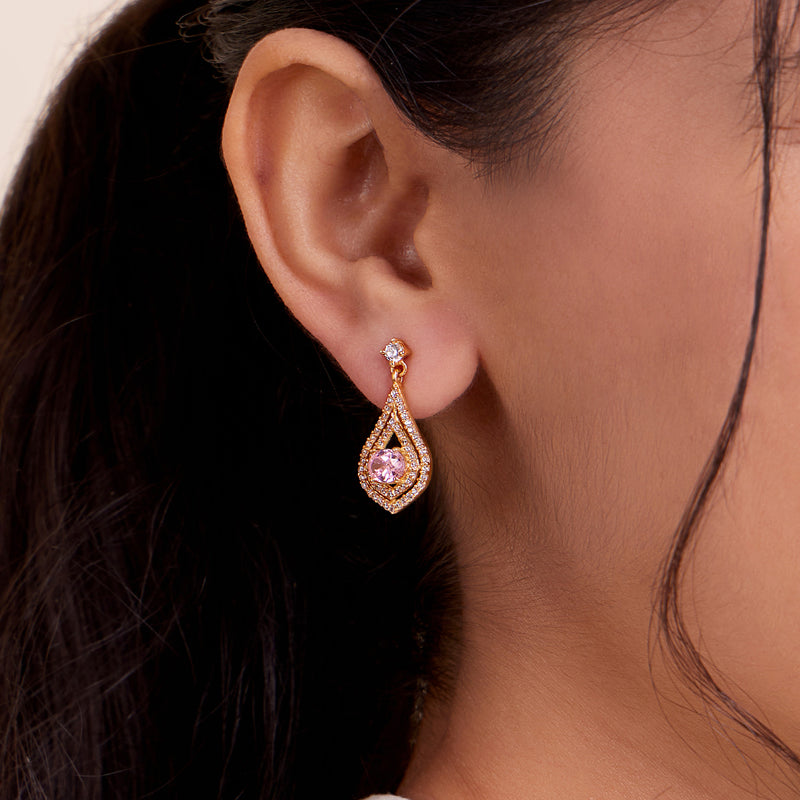 18k Gold Plated Silver Pink Zircon Teardrop Earrings
