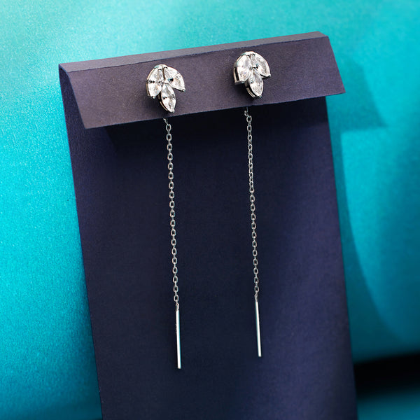 Silver Floral Zircon Thread Earrings