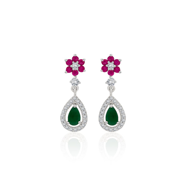 Green & Pink Zircon Silver Dangling Earrings