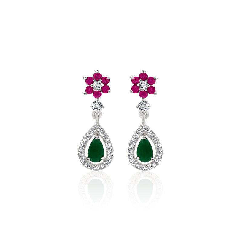Green & Pink Zircon Silver Dangling Earrings