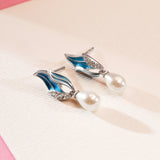Silver Blue Enamel Overlapping Petals Pearl Earrings