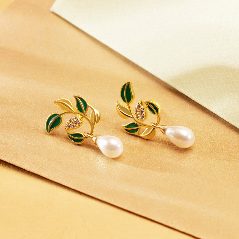 18K Gold Plated Silver Enamelled Leaf Pearl Earrings