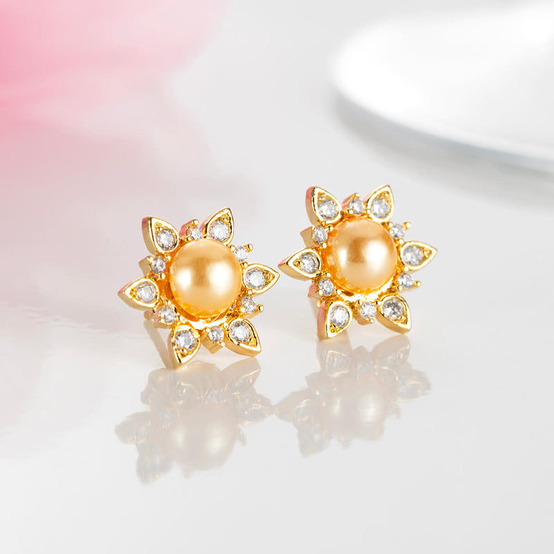 18K Gold Plated Silver Pearl & Zircon Flower Earrings