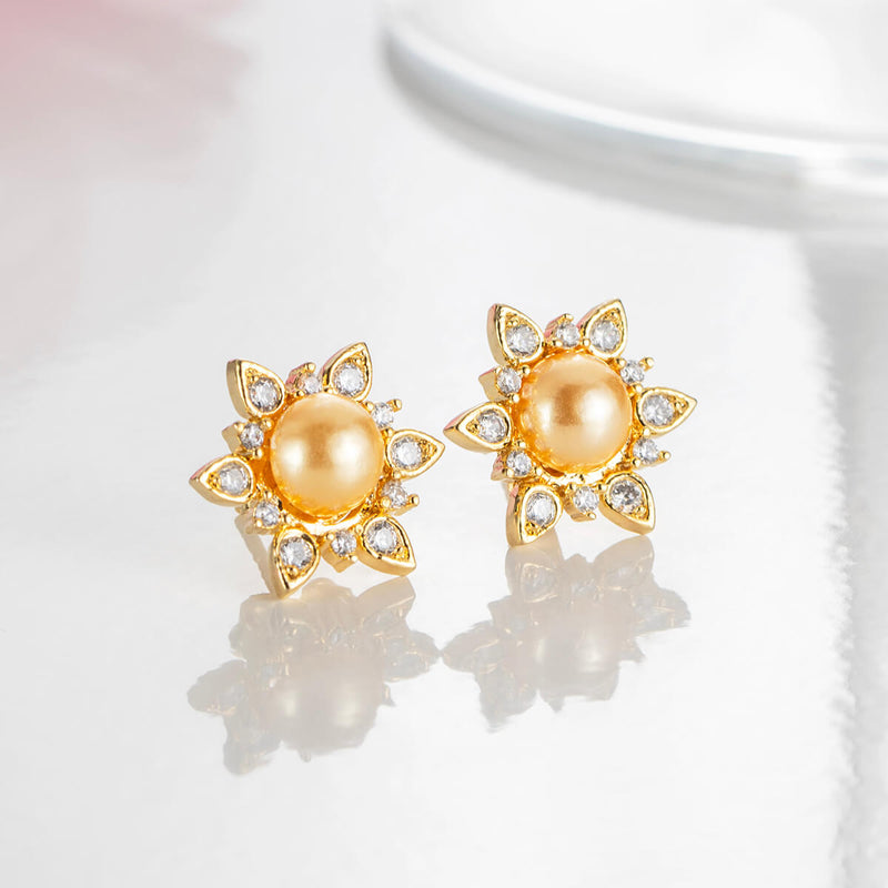 18K Gold Plated Silver Pearl & Zircon Flower Earrings