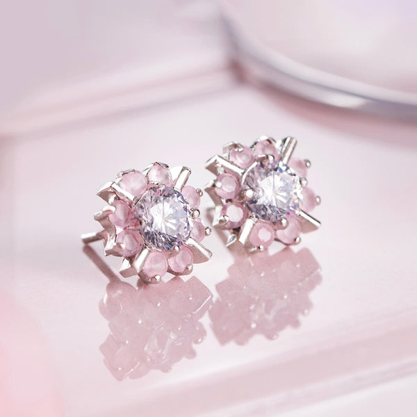 Silver Pink Flower Zircon Studded Earrings