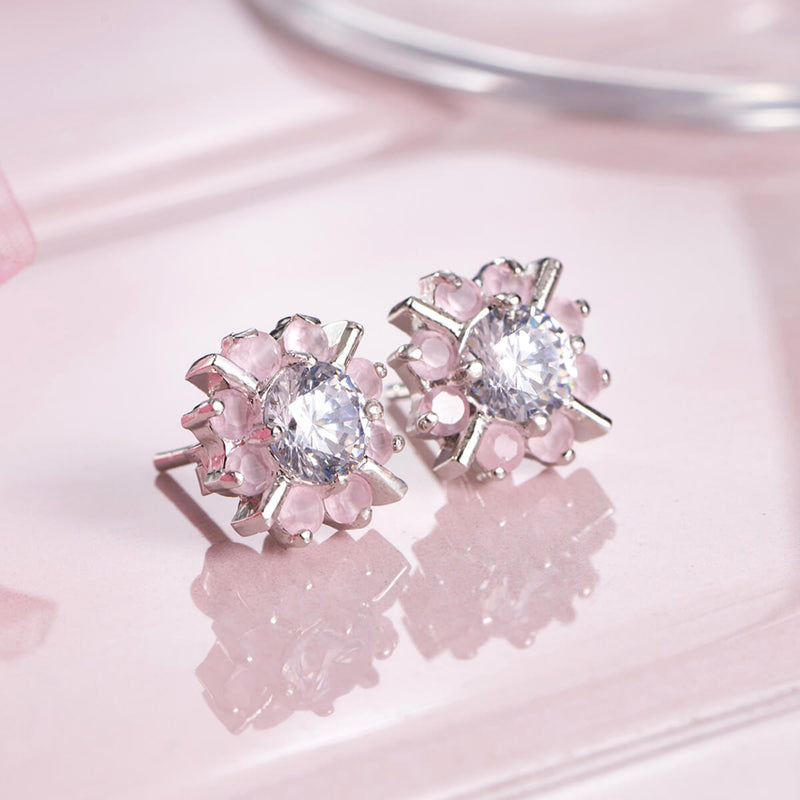 Silver Pink Flower Zircon Studded Earrings