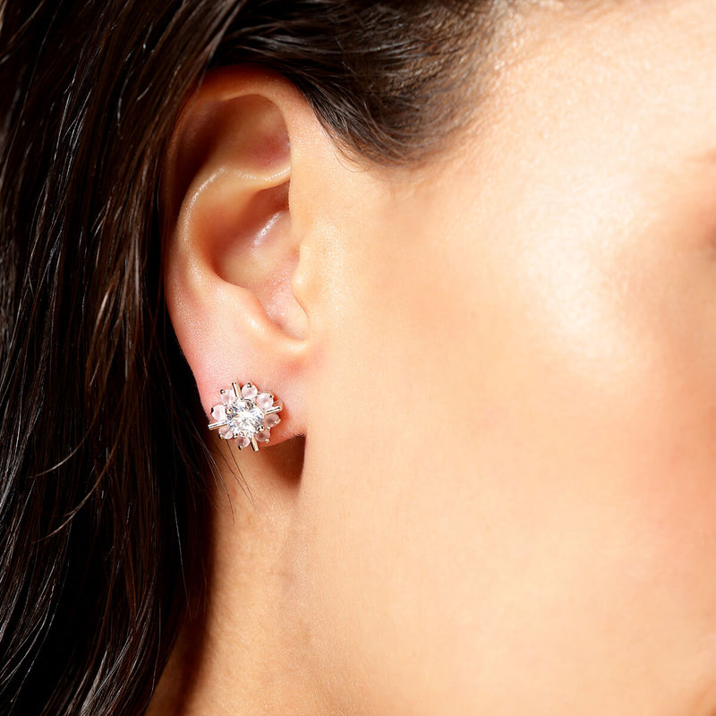 Silver Pink Flower Zircon Studded Earrings