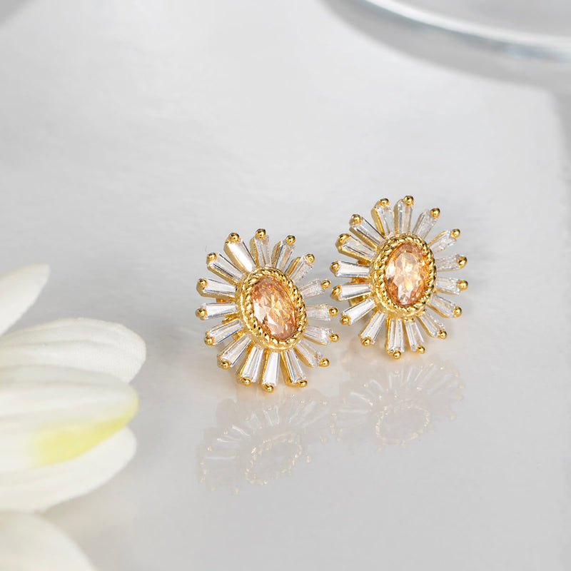 18K Gold Plated Silver Oval Champagne Zircon Earrings