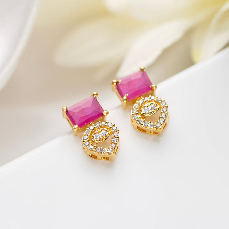 18K Gold Plated Silver Red Square & Drop Shaped Zircon Earrings