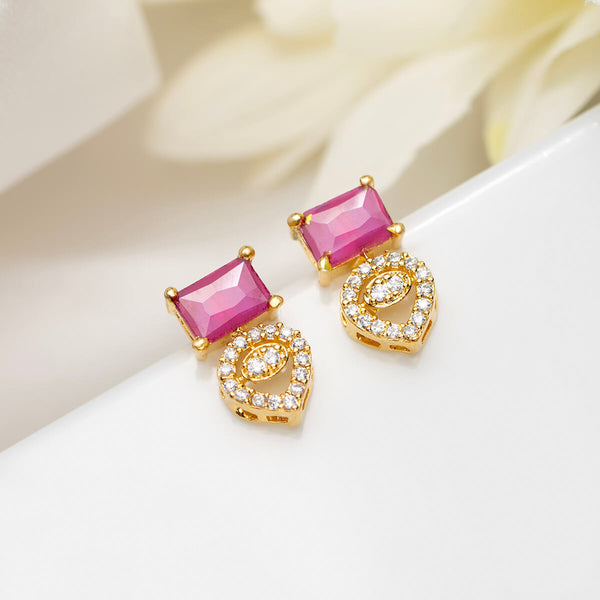 18K Gold Plated Silver Red Square & Drop Shaped Zircon Earrings