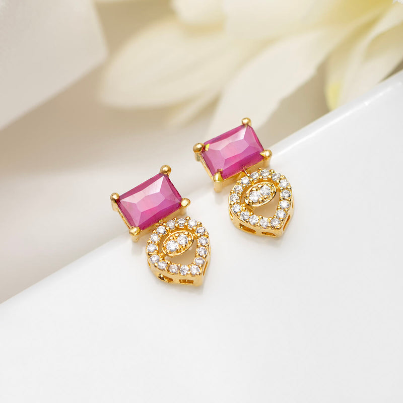 18K Gold Plated Silver Red Square & Drop Shaped Zircon Earrings