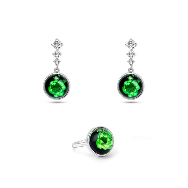 Green Dry Flower Silver Jewellery Set
