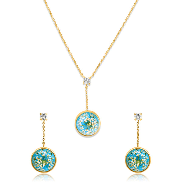 18k Gold Plated Blue Dry Flower Jewellery Set