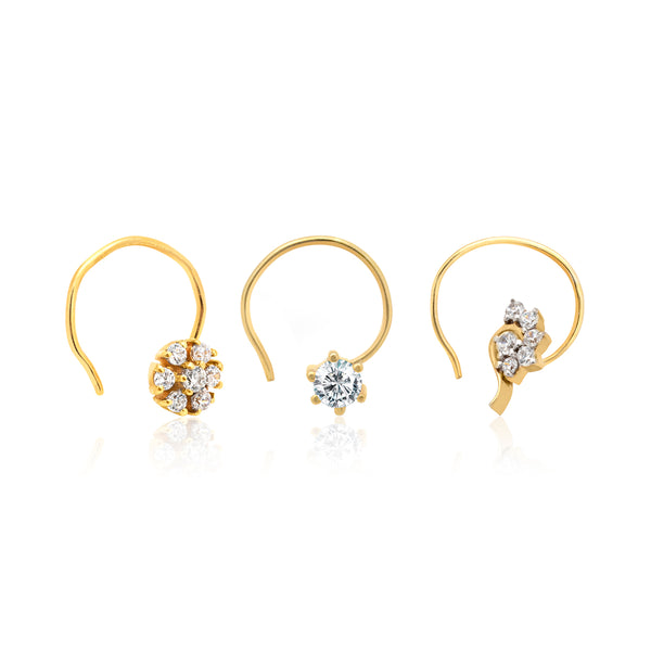 Set of 3 - 18K Gold Plated Silver Zircon Nose Pins
