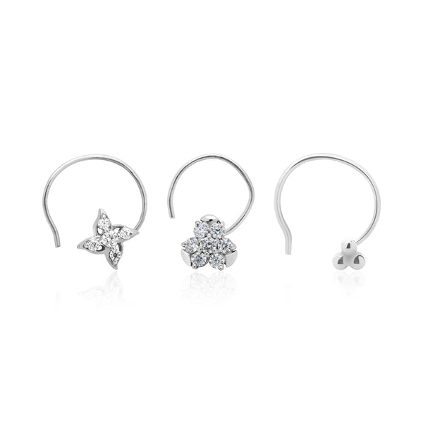 Set of 3 - Floral Silver Nose Pins