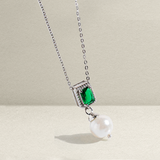 Silver Green Zircon and Natural Pearl Necklace