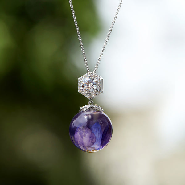 Silver Purple Dry Flower Dangling Zircon Necklace