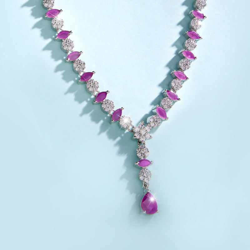 Silver Shine Pink & White Zircon Drop Necklace