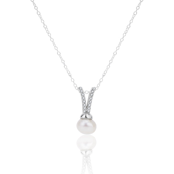 Studded Zircon And Natural Pearl Silver Necklace