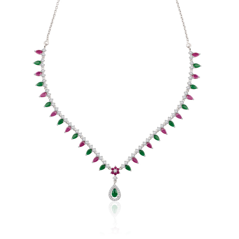 Ethnic Green & Pink Zircon Silver Necklace