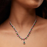 Ethnic Green & Pink Zircon Silver Necklace